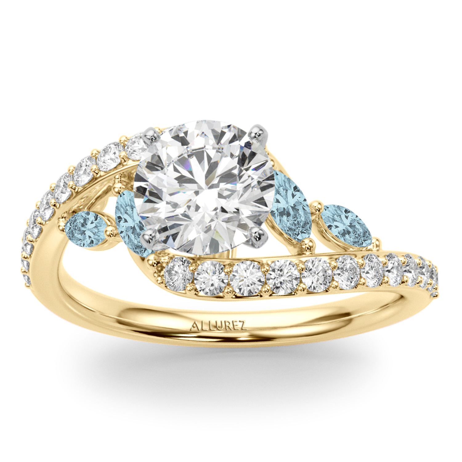 Swirl Design Diamond & Marquise Aquamarine Bridal Ring Set 18K Yellow Gold (0.96ct)